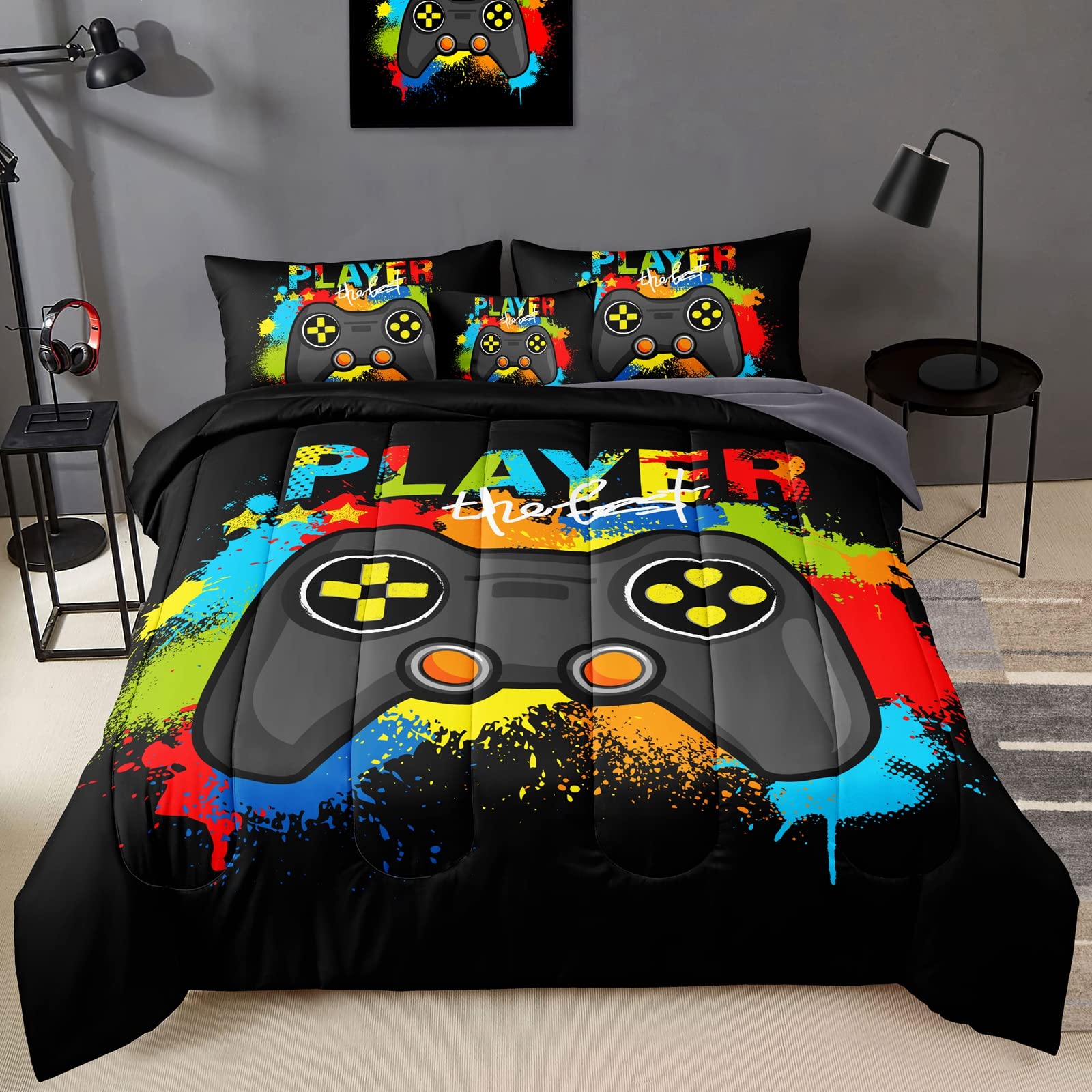 BDUCOK Gamer Comforter Set Gaming Twin SizeVideo Game Controller Comforter for Boys Kids Adult 3D Gamepad Microfiber Bedding Sets 5 Pieces Bed in A Bag Sets30019Twin