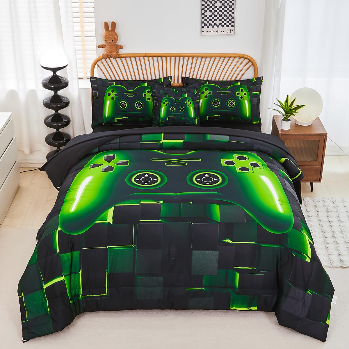 PERFEMET 6 Pieces Twin Gaming Bedding Set Green Game Console Kids Bed in A Bag 3D Black Gamer Comforter Set with Sheets for Boys Teen Lightweight Gamepad Bedroom Set(Green Twin)